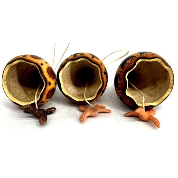Gourd Bell Christmas Ornaments Terra Cotta Birds 3.25" Lot of 3 Natural Decor - Picture 6 of 7